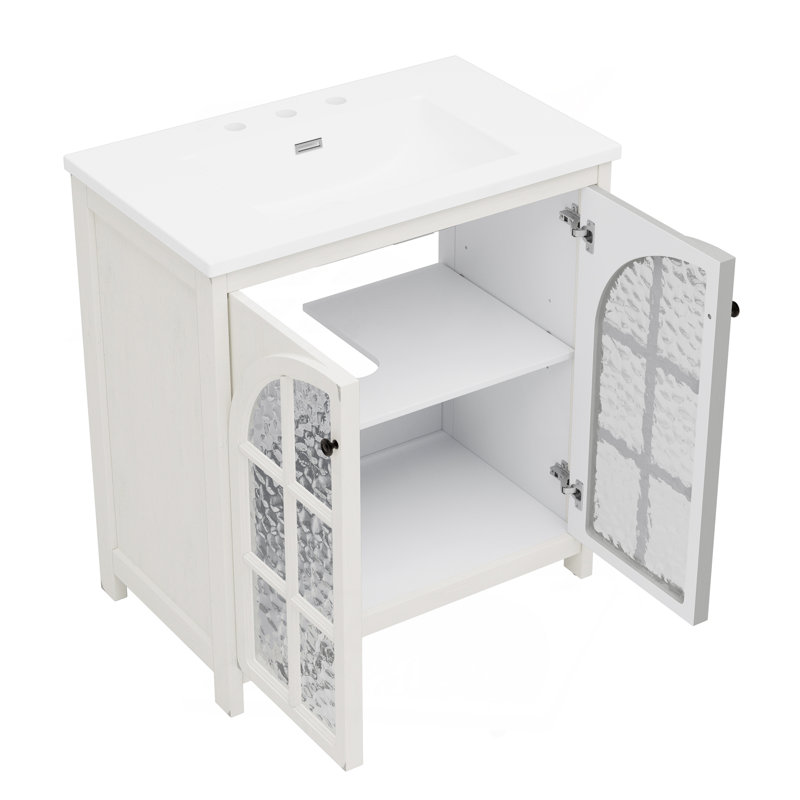 Meuble-lavabo de 30 pouces avec lavabo en céramique, finition faux vieilli, armoire de salle de bain rustique rétro avec poignées en bronze et 2 portes à fermeture douce, blanc antique