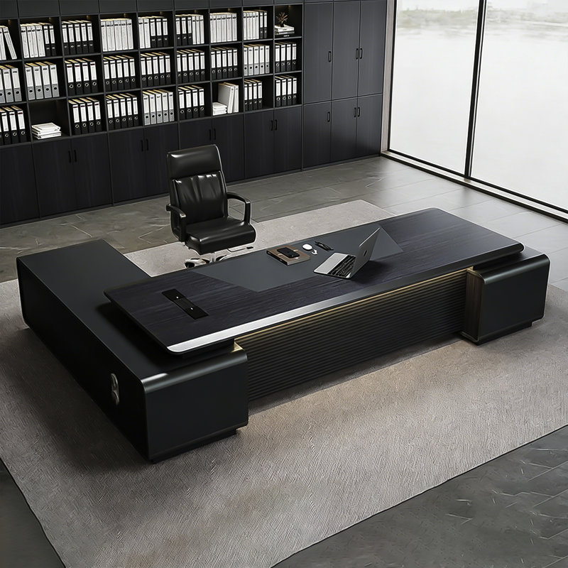 Bureau de direction en L gris clair luxueux moderne en forme de L avec prises de courant intégrées et tiroirs à verrouillage numérique par mot de passe