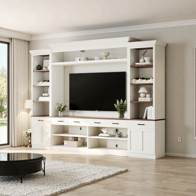 Ensemble de meuble audio-vidéo Farmhouse 4 pièces avec bibliothèque pour téléviseur de 70 po ou moins, meuble télé en noyer avec tablettes réglables, grande console média Mid-Century avec support à vin pour le salon