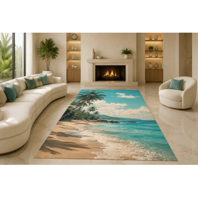 "Ultra Light Weight" Large 6'7" x 9'10" Tropical Beach Shore Area Rug for Living Room, Bedroom and Home Office, Soft Low Pile Carpet with Non-Slip Silicone Backing, Aqua and Beige
