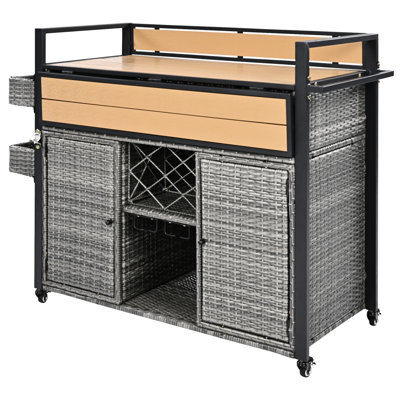 52.8 - Inch Outdoor Grill Cart With Weather , Wood Surface, Foldable Drop Leaf, Ample Storage, Wine Accessories Grey Lockable Wheels, Steel Support, Extended Table, Shelves, Glass Holder