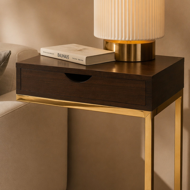 Table d'appoint, en forme de C, bout, côté, collation, tiroir de rangement, salon, chambre à coucher, stratifié brun, métal doré, contemporain, moderne