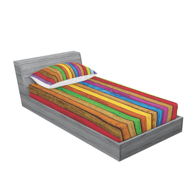 Microfiber Striped Sheet Set, Twin XL Sheet Set with Fitted Sheet, Planks as Background Cheerful Striped