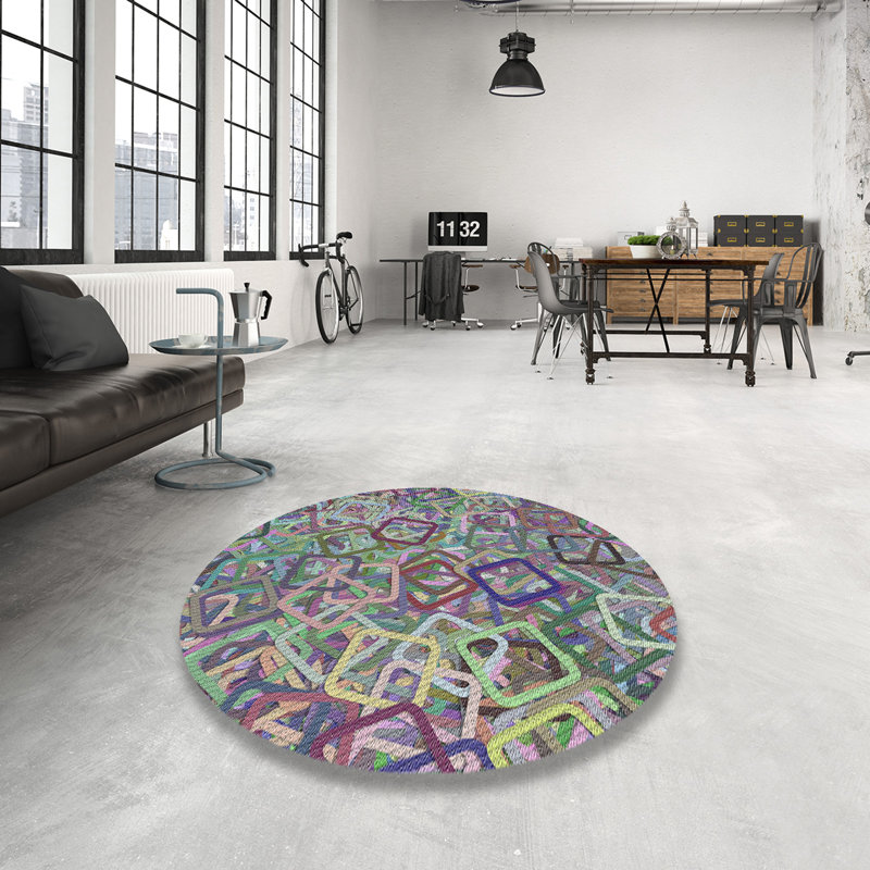 Tapis vert/mauve à motifs/brun, Rond 4 pi