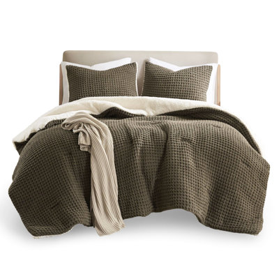 Brown Full/Queen Comforter - Waffle Knit Chenille Fill Reversible Warm Bedding For Fabric Reverse Peaceful Rest
