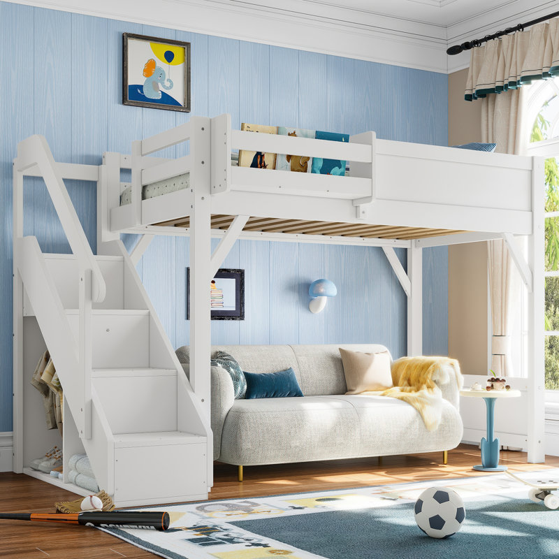 Twin Size Solid Wood Loft Bed with Built-in Wardrobe & Storage, Stairs, Bedside Shelves, Full-Length Guardrails, No Box Spring Needed, White