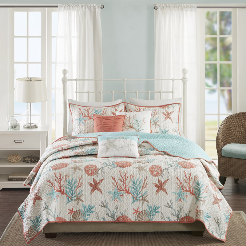 Aqua Blue Cotton Reversible Coastal Quilt Set, Full