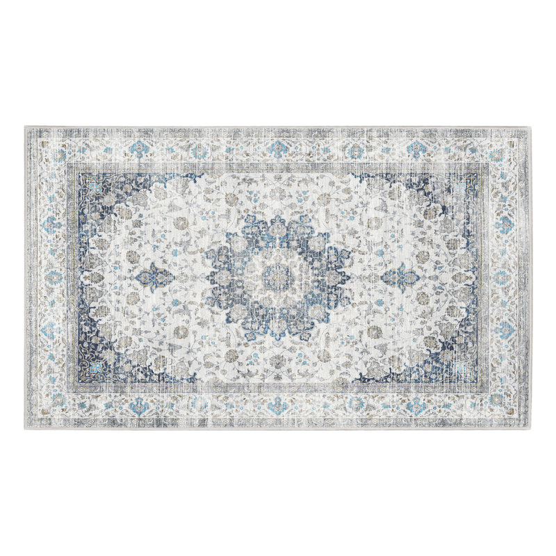 Vespera Medallion Silver Machine Washable Non-Slip Stain-Resistant Traditional Bedroom Kitchen Entryway Area Rug - 3'x5'