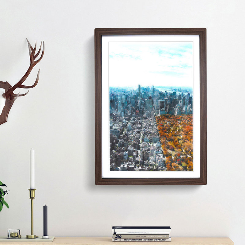The New York Skyline with Central Park - Picture Frame Painting Print on MDF, 45cm H x 33cm W x 2cm D, Walnut Framed