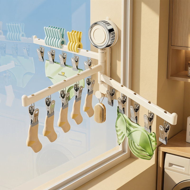 Séchoir à ventouses pliable rotatif avec pinces multiples, Beige