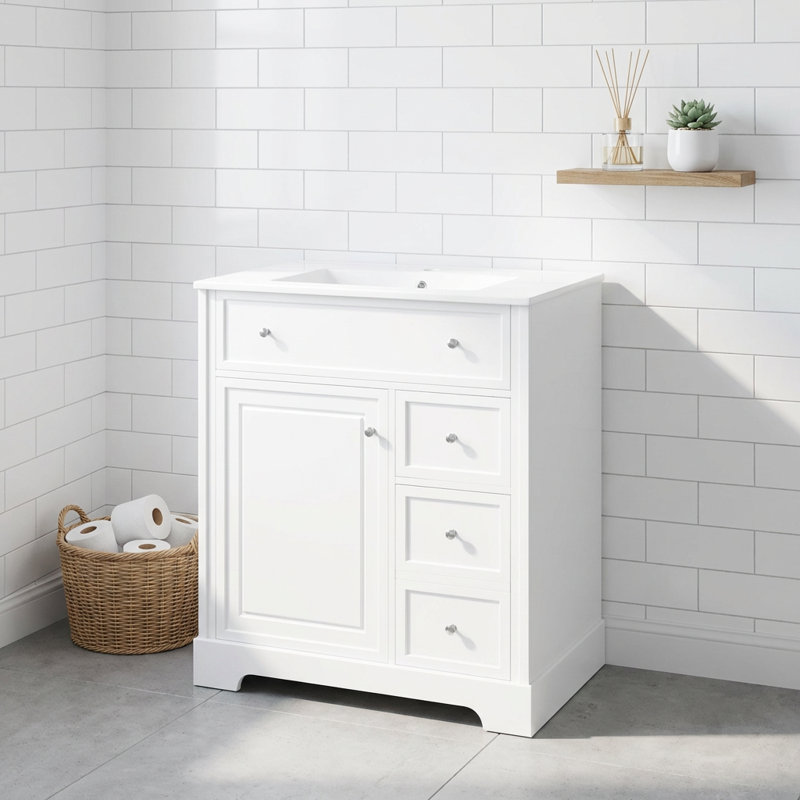 Meuble-lavabo autoportant moderne avec lavabo en céramique, armoire et deux tiroirs