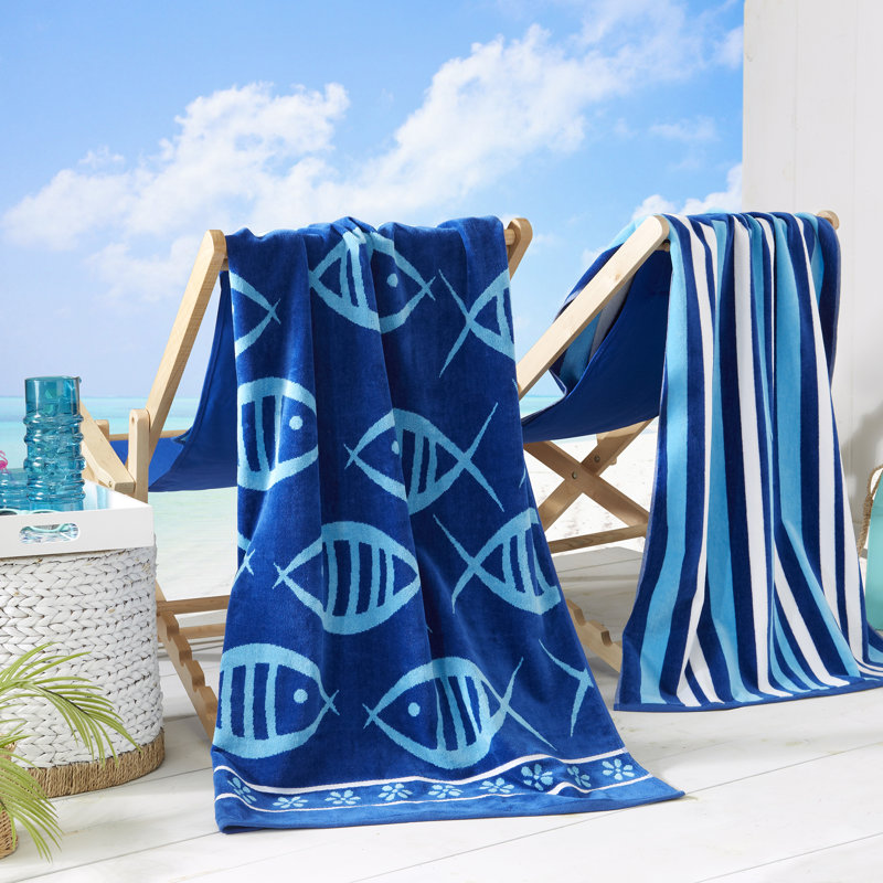 Serviettes de plage 100% jacquard 100% coton, Bleu marine / bleu royal poisson et rayures