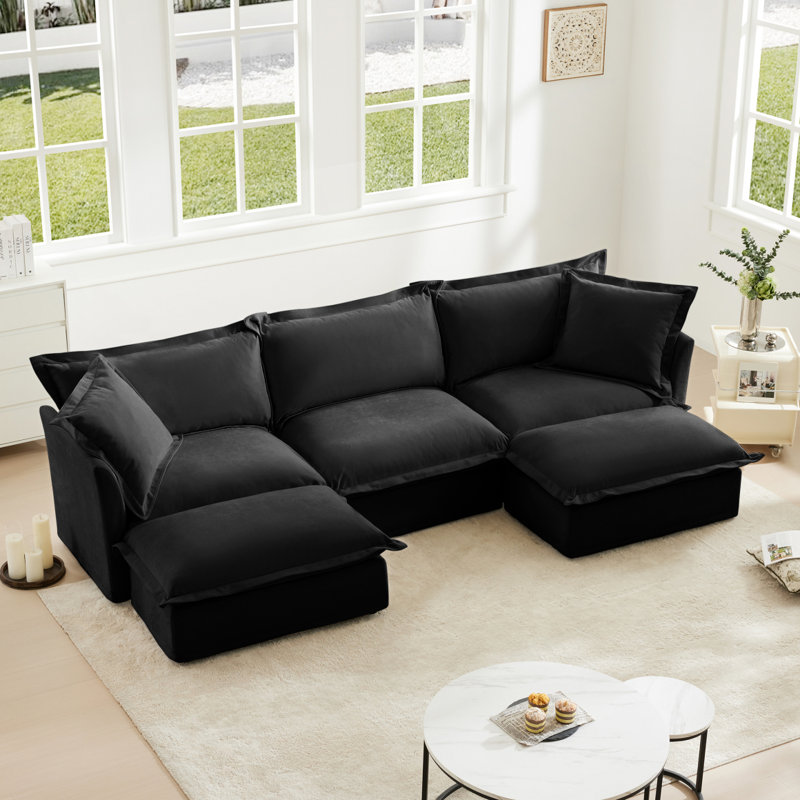Canapé, repose-pieds en chenille, 3, Chenille noir, H 34,6 po x l 120 po x P 33 po