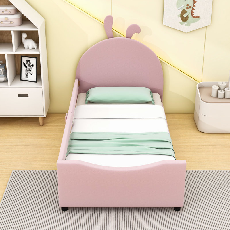 Twin Upholstered Daybed with Rabbit Ear Headboard and Sturdy Slats, Pink