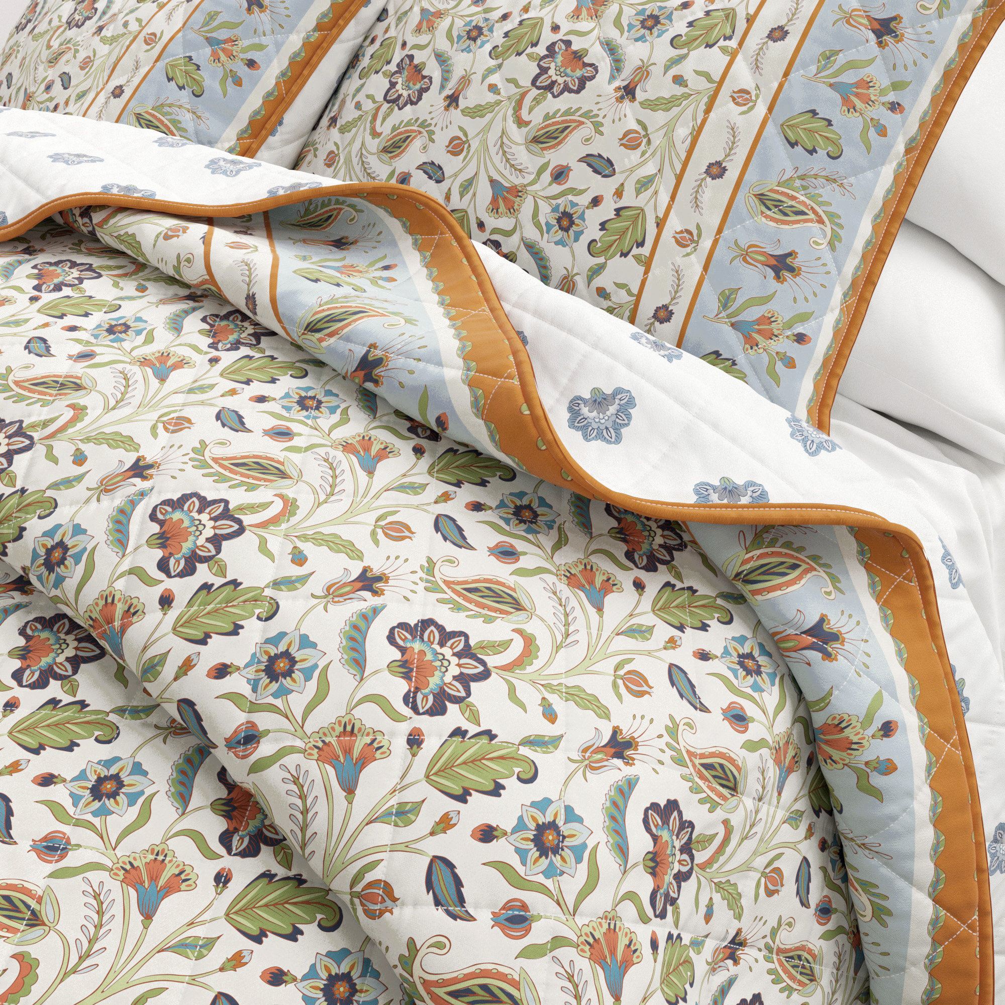 Floral Bordered Cotton Quilt Set, Ivory Floral, King Quilt + 2 King Shams