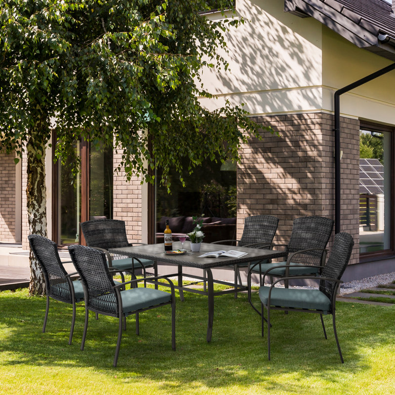 Hainer 6 - Person Wicker Patio Dining Set with Rectangular Table , Cushions Included, Green, Brown