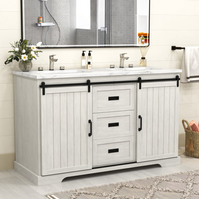 Ensemble de meuble-lavabo 54 po à double cuve, meuble-lavabo à porte coulissante avec tiroirs de rangement, comptoir en marbre et dosseret, meuble-lavabo complet sans installation