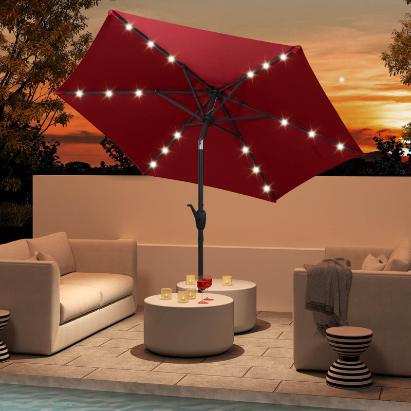 Parasol à énergie solaire 7,5 pi avec poignée à manivelle à bouton-poussoir inclinable 7,5 pi, Rouge