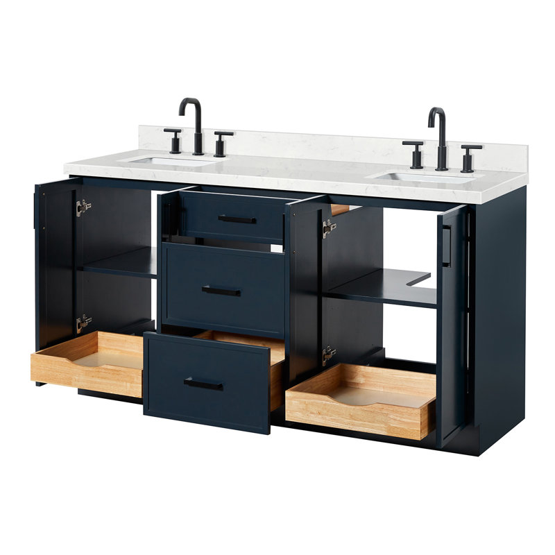 Ariel Kelly 66 Inch Double Rectangular Sink Bathroom Vanity With Carrara Quartz Countertop, Midnight Blue