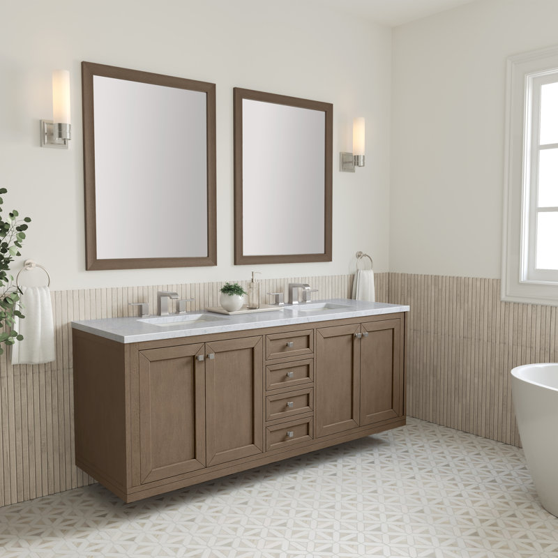 Chicago 72'' W Double Vanity, Walnut Whisper, Carrara White, 8" Widespread