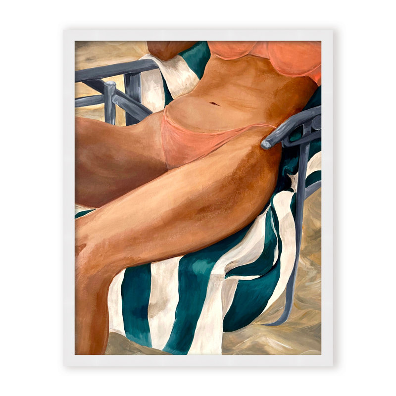 Coastal Retreat Riviera Retreat: Woman Lounging On Beach Towel And Chair, 24" H x 16" W x 1.125" D, White