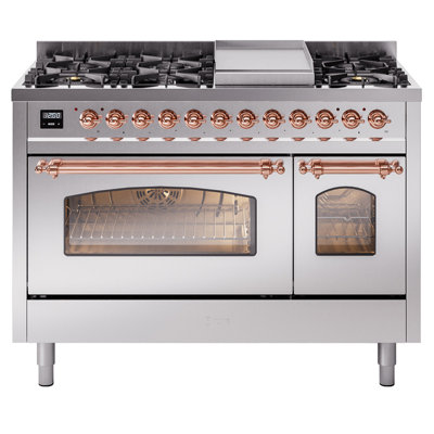 ILVE Nostalgie II Series 48 in. Dual Fuel Range with 8 Sealed Burners, Griddle (Liquid Propane, Glass Door)