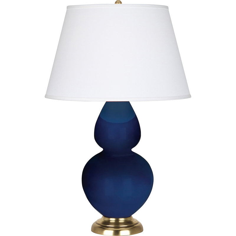 Lampe de table double gourde en céramique, Laiton, Perle, Cobalt verni / laiton