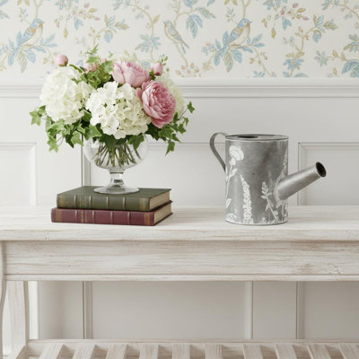 8" Gray And White Galvanized Metal Flowers Hand Painted Decorative Watering Can
