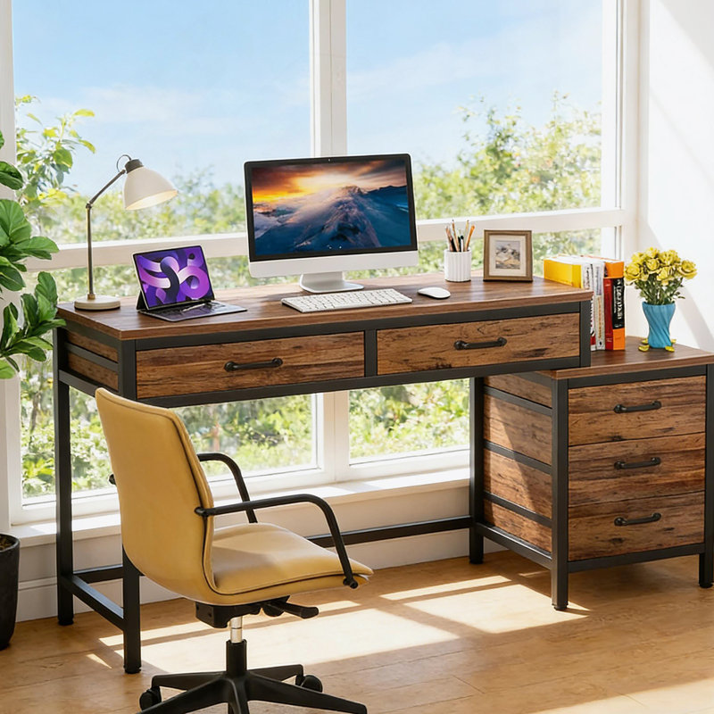 Bureau de style industriel, bureau d'ordinateur, table d'écriture, Brun rustique / noir