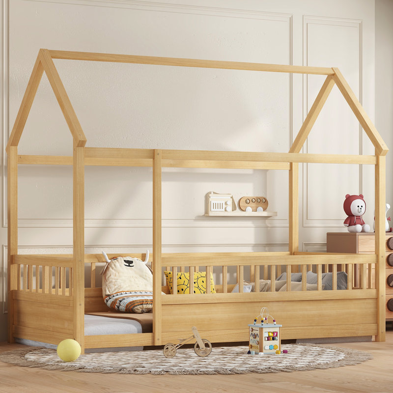 Kids Floor Wood Bed with Fence, House Bed Design for Children, Safe Low-Profile Sleeping and Play Space, Antique Natural