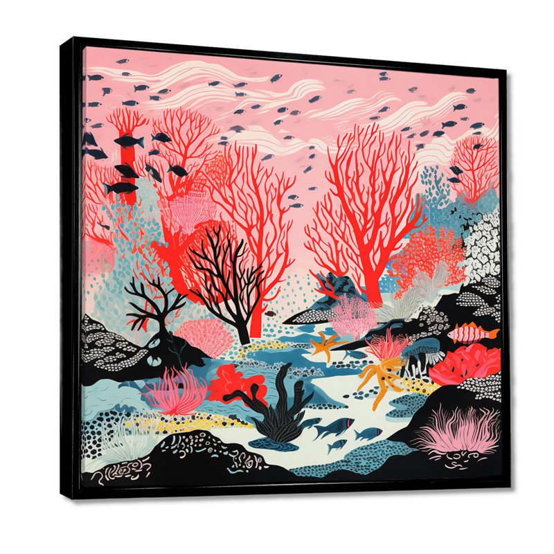 Corail rouge profond avec illustration de poissons - impression d'art mural corail, Cadre flottant noir, H 16 po x l 16 po