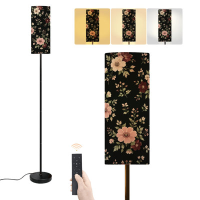 Lampe sur pied vintage à motif floral, rose foncé, noir, crème, vert, rouge, style botanique naturel, dimmable, moderne, avec télécommande et interrupteur au pied, abat-jour, lampe d'angle sur pied pour salon, chambre ou bureau.