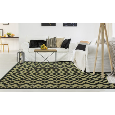 Tapis noir / beige en laine noué à la main de conception unique 5 pi x 6 pi 4 po Janavia