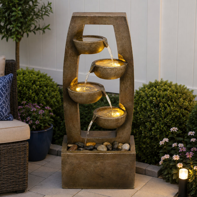 Lighted Water Fountain, 37.6" Modern Resin 4-Tiered Bowl Fountain, Brown