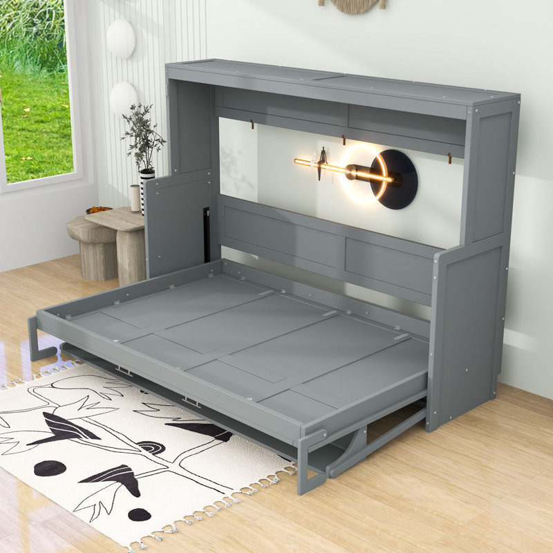 Wood Murphy Bed with Shelves, Full, Gray