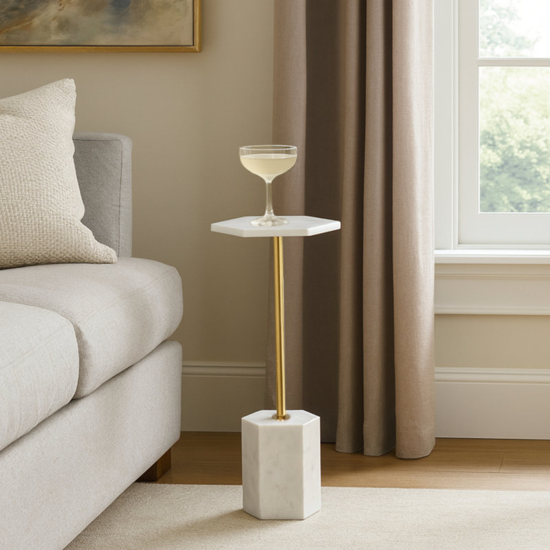 Transitional Handmade Solid Marble Martini Drink Table, White