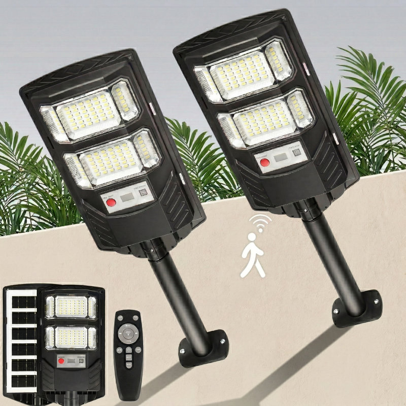 Solar Street Lights Outdoor Waterproof: 2 Pack LED Solar Dusk To Dawn Flood Light Outside 10000 Lumen Solar Powered Security Exterior Wall Mount Lamp Motion Sensor Remote Control For Yard Parking