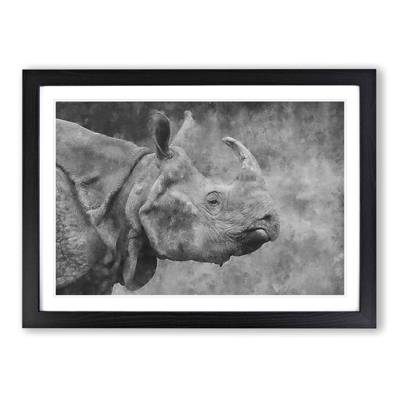 A Rhino - Picture Frame Painting, 48cm H x 65cm W x 2cm D, Black Framed
