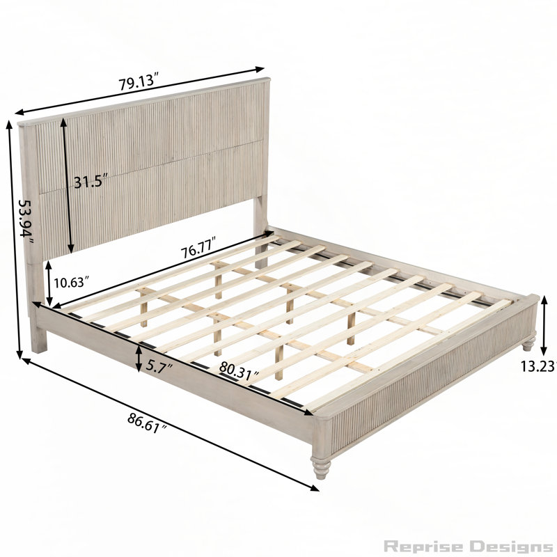 Base de lit en bois massif avec tête de lit haute, Beige, Très grand lit
