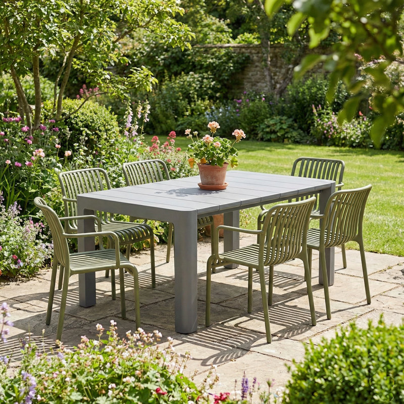 Carachure 6 - Person Patio Dining Set with Rectangular Table, Green/Grey