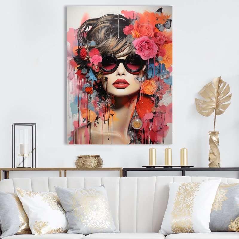 «Pink Fashion Couture Woman Portrait II», art mural mode, Toile tendue, H 20 po x l 12 po x P 1 po