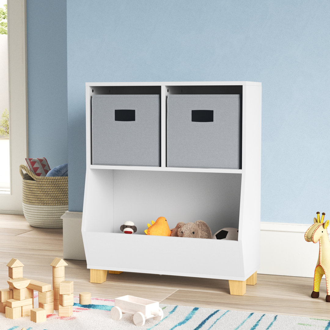 RiverRidge Kids Catch-All 24in Toy Storage Organizer with 2 Cubbies and 2 Storage Compartments - White with 2 Fabric Bins RiverRidge Home 