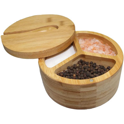 Boîte à sel et à poivre en bambou avec couvercle et cuillère à 3 compartiments