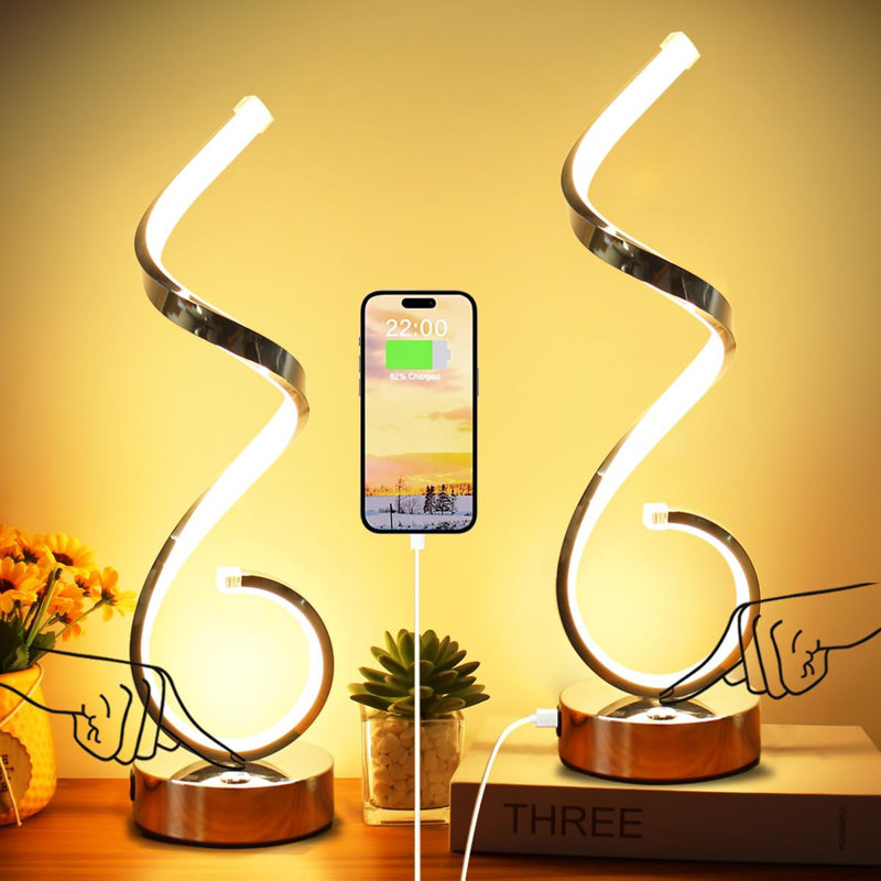 Lampe de table spirale à DEL avec port de charge USB, commande tactile à intensité variable, 3 modes de couleur, design moderne pour la chambre à coucher, le salon et le bureau