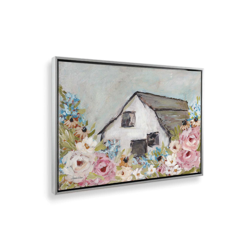 «Spring at the Barn» par Amanda Hilburn, reproduction d'art, L 16 po x H 12 po, Argent, Toile avec cadre