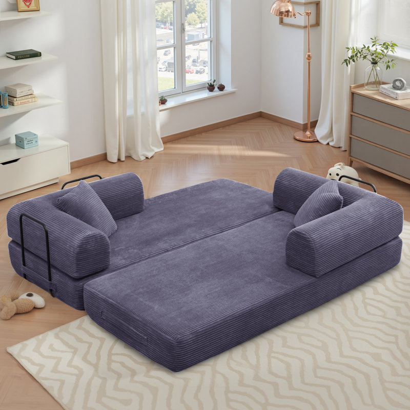 78.7" King-Size Futon Bed Corduroy Convertible Sleeper Sofa Floor Futon Couch With 2 Pillows - No Assembly Required, Gray