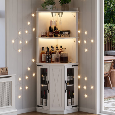Freestanding Tall Corner Bar Cabinet With Power Outlet