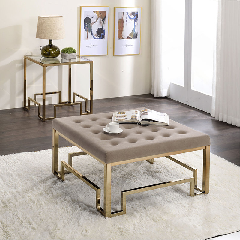 Beige Fabric & Champagne Finish Cocktail Ottoman