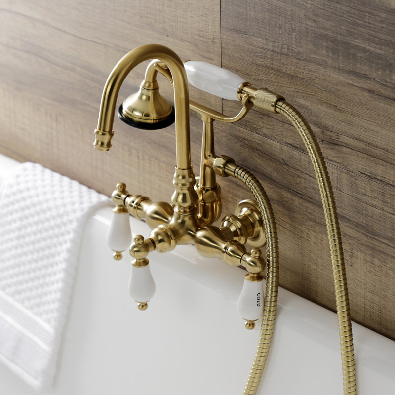 Kingston Brass Aqua Vintage Three-Handle 2-Hole Tub Wall Mount Clawfoot Tub Faucet with Hand Shower, Brushed Brass