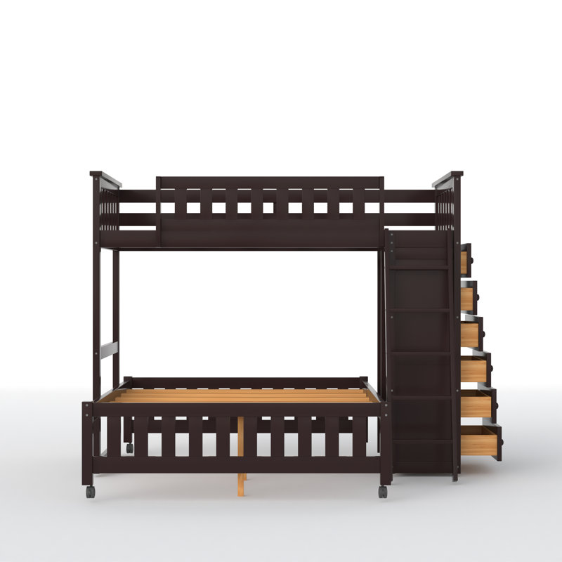 Ekansh Wooden Twin Over Full Bunk Bed With Six Drawers, Espresso